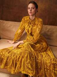 MOTF PREMIUM VELVET FLOCKED JACQUARD LANTERN SLEEVE RUFFLE HEM DRESS