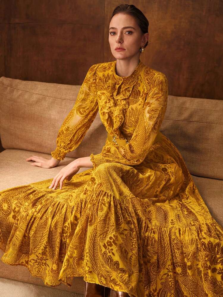 VELVET FLOCKED JACQUARD LANTERN SLEEVE RUFFLE HEM DRESS