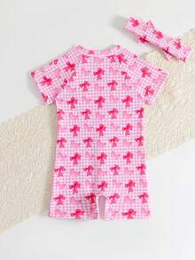 女婴可爱蝴蝶结印花发带和泳衣套装，弹性连体泳衣，适合夏季户外活动 - 粉色 - 查看 3