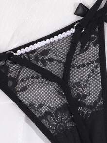 性感蕾丝蝴蝶结珍珠丁字裤 - 黑色 - 查看 4