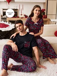CoupledUp Men's Letter & Heart Print Short Sleeve Pajama Set - Black - View 5