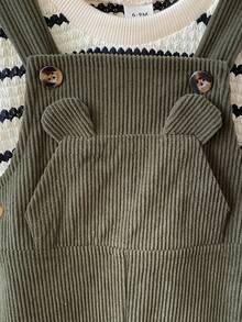 Set de 2 piezas para niños pequeños: Camiseta de manga corta de cuello redondo a rayas y pantalón peto de pana ajustable con oso, adecuado para ir y venir, la escuela, vacaciones, deportes, primavera/otoño, 6M-3T, ropa para niños, ropa para bebés, ropa para niños pequeños, camiseta para niños pequeños, peto para niños pequeños - Verde Oscuro - Ver 7