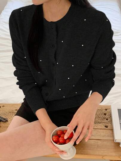 DAZY 女士圆领仿珍珠装饰单排扣休闲百搭度假长袖开衫