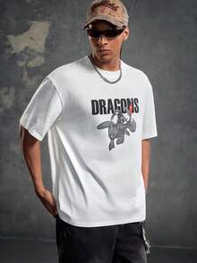 SHEIN How to Train Your Dragon 男士休闲日常通勤卡通字母印花落肩宽松短袖白色T恤，夏季 - 白色 - 查看 5