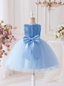 Glamorique Kids 女童金色亮片薄纱蓬蓬裙，缎面蝴蝶装饰无袖，适合万圣节、圣诞节、生日、婚礼宾客、派对等场合。 - 藍色 - 查看 1