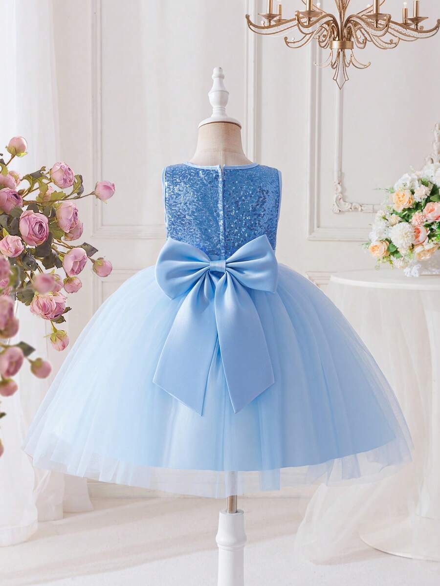 Glamorique Kids 女童金色亮片薄纱蓬蓬裙，缎面蝴蝶装饰无袖，适合万圣节、圣诞节、生日、婚礼宾客、派对等场合。 - 藍色 - 查看 1