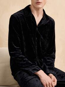 EverLounge Men's Velvet Collar Pajama Set With Double Pants, Elastic Waist, Thickened, No Pockets - Black - View 6