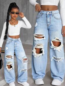 Tween GirlsBlue Distressed Loose Jeans - Medium Wash - View 8