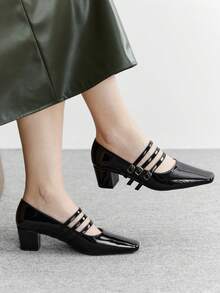 CUCCOO BIZCHIC 女士方头搭扣设计时尚高跟鞋，适合日常通勤 - 黑色 - 查看 1