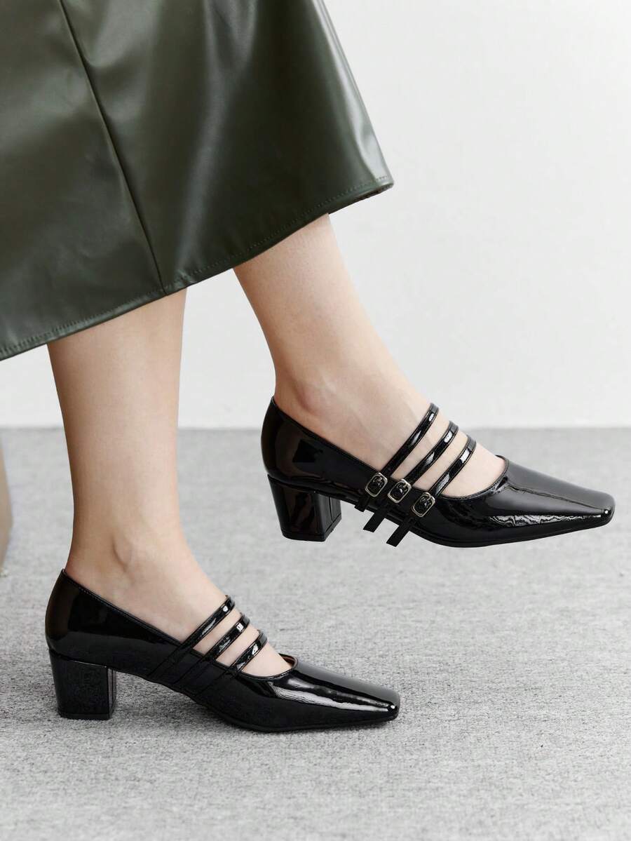 CUCCOO BIZCHIC 女士方头搭扣设计时尚高跟鞋，适合日常通勤 - 黑色 - 查看 1