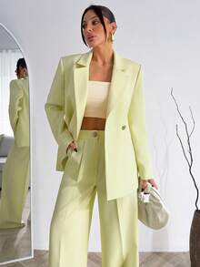 EURMUSE Women Blue And White Striped Detailed Blazer Jacket And Pant Suit Sets - Light Yellow - View 3