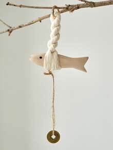 Madebyblanc 1pc Mediterranean-Style Wall Decorations, Fish Hangers, Solid Wood Cotton Ropes, Small Fish Bells, Wind Chimes, Creative Wall Home Furnishings, Suitable For Rural And Farm Wall Wooden Door Decoration - Multicolor - View 6