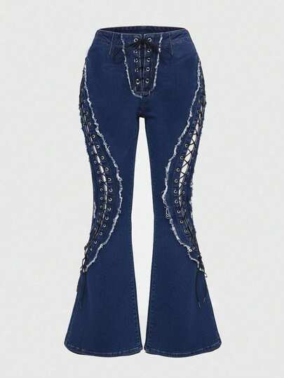 Grunge Punk Jeans acampanados de talle alto con ojales huecos y cordones decorativos, pantalones vaqueros casuales de talla grande para Navidad y días festivos