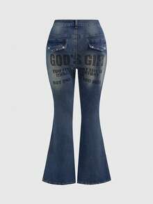ROMWE Grunge Punk Plus Size Casual Washed Slogan Print Flare Jeans - Medium Wash - View 2