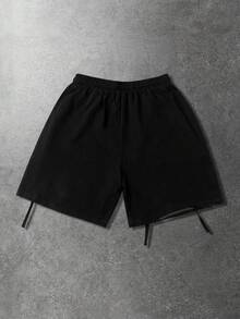 ROMWE MEN Men's Fashionable Distressed Rhinestone Embellished Shorts - Black - View 2