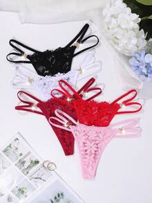 Romantic & Sexy Lace Women's Thong Panties Set, Comfortable, Pack Of 5 Sexy Lingerie String Panties - Multicolor - View 1
