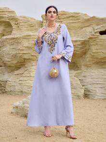 Al Najma 优雅、奢华、浪漫的刺绣串珠装饰土耳其女士长裙，阿拉伯传统长袍 - 紫色 - 查看 5