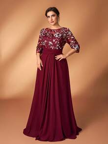 Serin Abito elegante e romantico in vino rosso con maniche a 3/4, in chiffon di lusso con perline e vita arricciata a vita, adatto per matrimoni, feste, celebrazioni, abiti da sera formali, madre della sposa - Bordò - Visualizzare 5