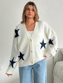 EURMUSE Women's Pentagram Jacquard Drop Shoulder Long Sleeve Casual Loose Knit Cardigan - White - View 3