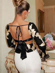 Glamine Charm 优雅网纱刺绣花卉泡泡袖束腰女式上衣 - 黑色 - 查看 1