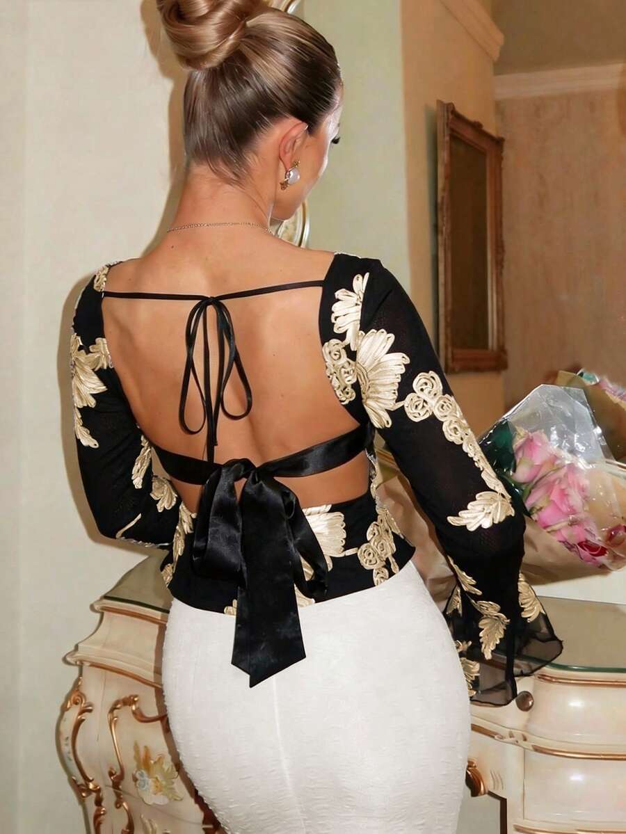 Glamine Charm 优雅网纱刺绣花卉泡泡袖束腰女式上衣 - 黑色 - 查看 1