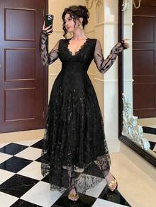 DAZY Đầm midi ren thanh lịch, eo ôm, thích hợp cho các dịp trang trọng, đám cưới, tiệc tùng, đi làm, đầm hè/xuân. - màu đen - Xem 3