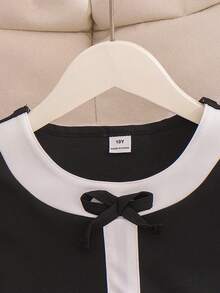 Elladie kids Đầm đen trắng phối màu thanh lịch, thời trang, có nơ ở eo, tay ngắn, cổ tròn, kiểu dáng tối giản, thích hợp cho bé gái tuổi teen. - màu đen - Xem 8