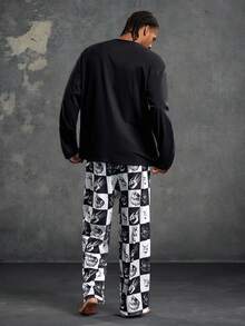 SHEIN How to Train Your Dragon Men's Western Dragon & Letter Print Long Sleeve Top And Pants Loose Fit Loungewear Set, Spring/Autumn - Black - View 2