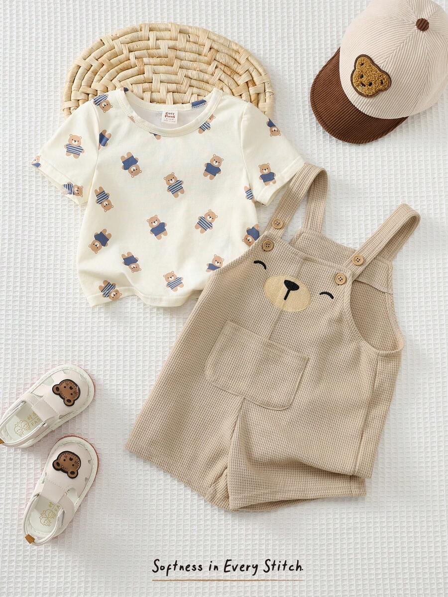 Cozy Pixies 2pcs Baby Boy Cartoon Bear Pattern Knitted Soft Crew Neck Long Sleeve Pullover Top And Bib Overalls Pants Set