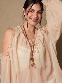 Freevana 大码休闲纯色露肩上衣 - 淡黃色 - 查看 1