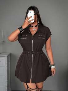 Flirla Rave Coachella Fashion Punk Harlem Nights Chic Shirt Collar Metal Zipper A-Line Dress Concert Black Summer - Brown - View 4
