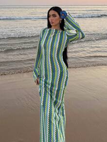 AfricaSnchz Textured Stripe Knit Flared Maxi Dress Spring Summer Vacation Boho Ibiza Elegant Beach Cute The Beach House Festival Wedding Guest, Elegant, Birthday Christmas, Halloween, Fall, Winter Fall Winter Wedding Guest - Multicolor - View 1