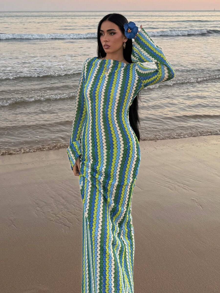 AfricaSnchz Textured Stripe Knit Flared Maxi Dress Spring Summer Vacation Boho Ibiza Elegant Beach Cute The Beach House Festival Wedding Guest, Elegant, Birthday Christmas, Halloween, Fall, Winter Fall Winter Wedding Guest - Multicolor - View 1