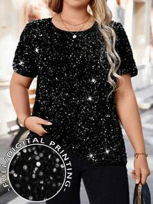 EMERY ROSE Women's Fitted Round Neck Short Sleeve T-Shirt With Digital Placement Print - Black - View 5