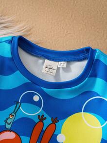 SpongeBob SquarePants | SHEIN Conjunto de pijama de niño pequeño con parte superior de manga larga con cuello redondo y leggings con estampado de dibujos animados, cómodo, para otoño - Azul - Ver 3