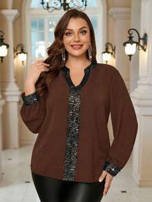 EMERY ROSE Plus Size Women Casual Loose Fit Long Sleeve Shirt - Brown - View 1