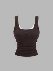 Sweetra 女士休闲时尚蕾丝拼接褶皱吊带背心 - 棕色 - 查看 1