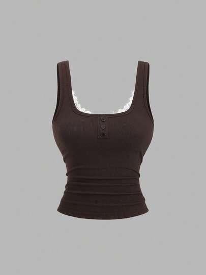 Sweetra Women's Casual Fashion Lace Patchwork Pleated Camisole