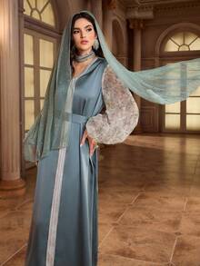 Al Najma Women's Floral Patchwork Mesh Lantern Sleeve V-Neck Elegant Arabic Dress - Multicolor - View 8