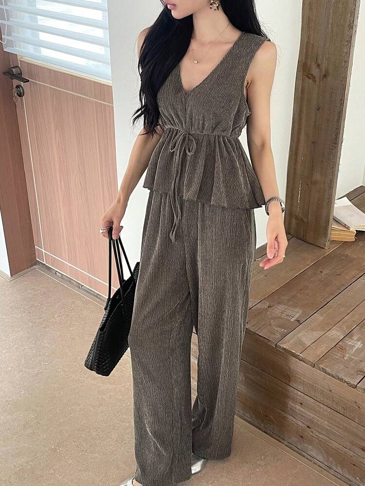 Women's Solid Color Minimalist Sleeveless Top And Pants 2 Pieces Set, Casual Everyday Wear