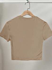 Resyla 女士加大码夏季休闲百搭心形铆钉手工串珠装饰T恤，女式上衣 - 咖啡棕 - 查看 2