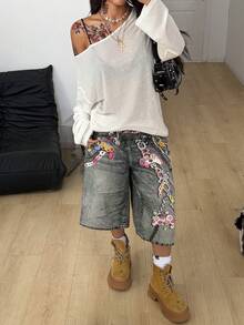 Coolane 女士春季哥特颓废风 Y2K 丘比特图案舒适不对称领口露肩长袖T恤，X Rafael Machado - 白色 - 查看 5