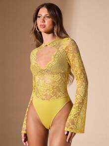 SHEIN BAE 黑色纯色性感简约优雅薄纱蕾丝金属装饰方领长袖连体衣，适合鸡尾酒会、浪漫约会、秋冬季内搭、派对、正式聚会、夜间外出、婚礼宾客、万圣节、圣诞节等场合。 - 黃色 - 查看 6