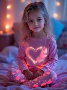 女童春夏针织圆领长袖蝴蝶渐变霓虹图案粉色休闲两件套，时尚紧身睡衣家居服 - 粉色 - 查看 1