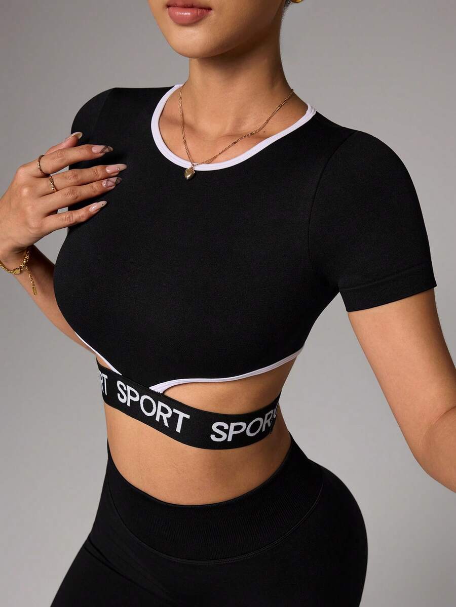 Dewbera Women's Casual Sports Letter Tape Short Sleeve Cropped T-Shirt - Black - View 1