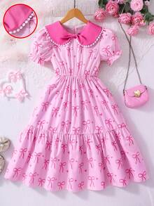 Girls' Peter Pan Collar Elastic Puff Sleeve Short Sleeve Dress, Cinched Waist, Cute & Sweet, Digital Print Mid-Length Children Dress, Princess Dress - Pink - View 9