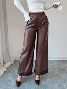 Elenzga Quần Capri ống rộng màu nâu, chất liệu da dệt, kiểu dáng thoải mái, có bèo nhún, dành cho nữ. - màu nâu - Xem 8