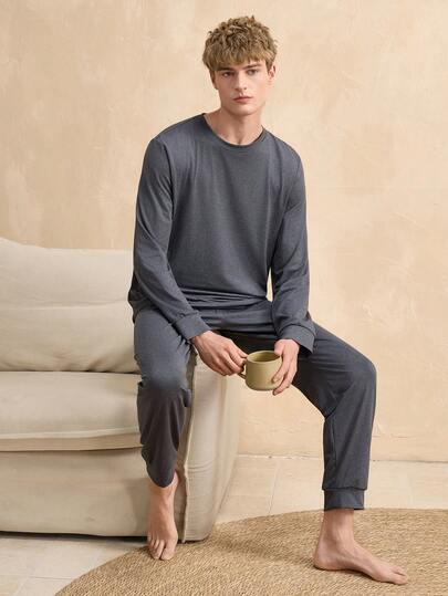 EverLounge Conjunto de pijama de pantalón y top de manga larga de cuello redondo de uso diario minimalista de unicolor para hombre
