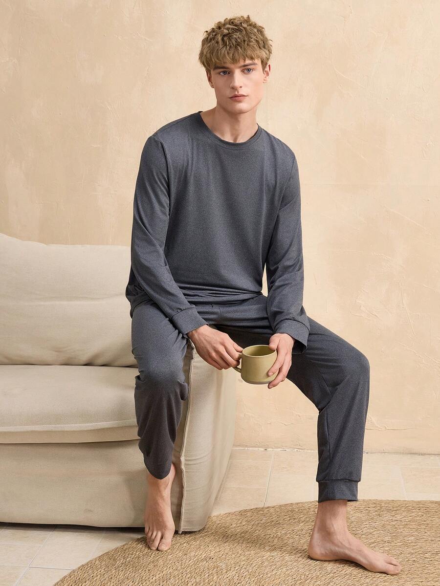 EverLounge Men's Solid Color Minimalist Daily Wear Round Neck Long Sleeve Top And Pants Pajama Set - Dark Grey - View 1