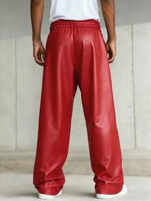 Manfinity EMRG PAVTROS Men's Black PU Leather Pants, Baggy,Graphic,Friends,Alternative,Friends,Streetwear,For Men,Jogging,Loose Casual Straight Legy Fashion Trousers Men Black Pants Men Wide Leg Pants Black Baggy Pants Men Leather Pants Dress Up Pants - Red - View 2